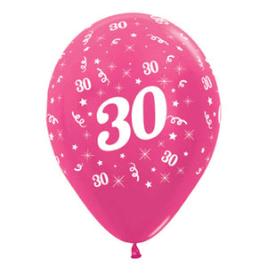 Amscan_OO Balloon - Printed Latex Age 30 Metallic Fuchsia Latex Balloon 30cm 6pk