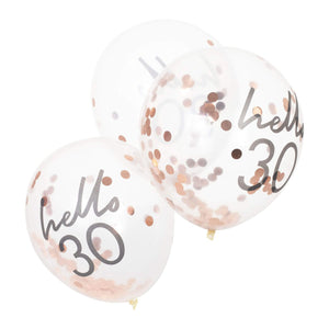 Balloon - Printed Latex Mix It Up Rose Gold Confetti Filled 'Hello 30' 30cm Balloons