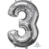 Silver Numeral 3 Mid-Size Shape Foil Balloon Balloon 66cm Each