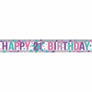 Amscan_OO Decorations - Banners, Flags & Streamers Holographic Happy Birthday 21st Pink Banner 2.7m Each