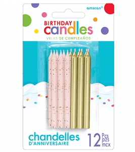Amscan_OO Decorations - Cake Decorations - Candles Pink Glittered and Metallic Gold Candles 8cm 12pk