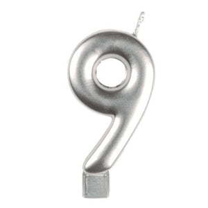 Decorations - Cake Decorations - Candles Silver / 9 Numeral Moulded Candle 8cm Each