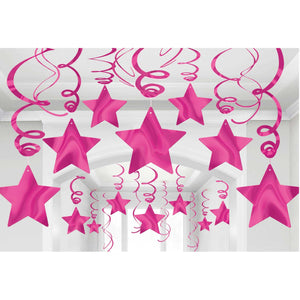Amscan_OO Decorations - Hanging Swirls Bright Pink Silver Shooting Stars Foil Mega Value Pack Swirl Decorations 30pk