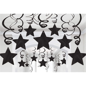 Amscan_OO Decorations - Hanging Swirls Jet Black Bright Pink Shooting Stars Foil Mega Value Pack Swirl Decorations 30pk