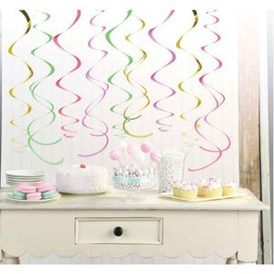 Amscan_OO Decorations - Hanging Swirls Pastel Swirl Decorations Pastel Colours & Gold Foil 12pk